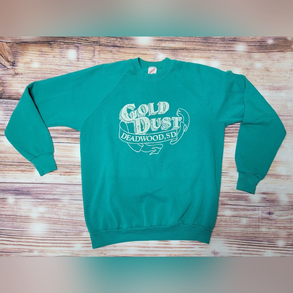 Jerzees Teal Sweatshirt with Gold Dust Graphic